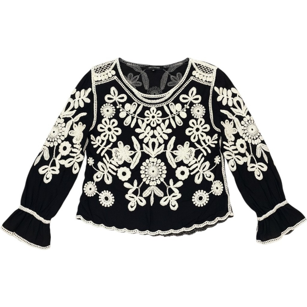 Solitaire Embroidered Blouse Womens Large Black Excellent Boho Floral Bell Sleev